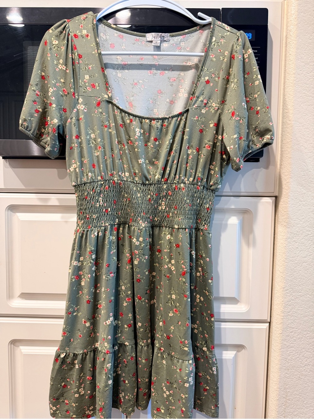 Justify Olive Green Floral Smocked-Waist Dress with Red & Cream Accents